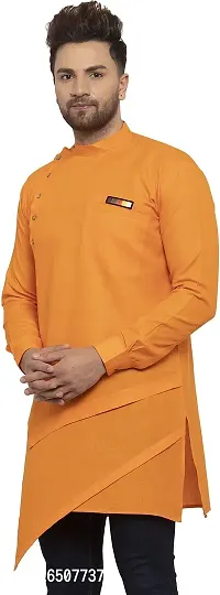 Reliable Orange Cotton Blend Solid Hip Length Kurta For Men-thumb3