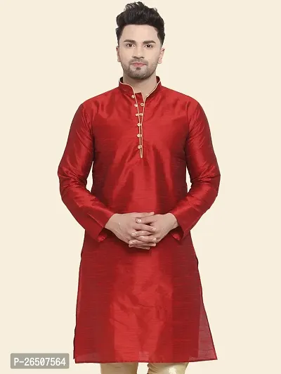 Reliable Maroon Silk Blend Solid Knee Length Kurta For Men-thumb0