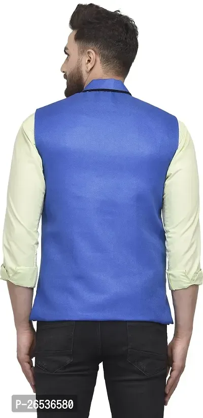 Reliable Blue Jute Blend Self Pattern Nehru Jacket For Men-thumb2