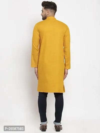 Reliable Yellow Cotton Blend Solid Knee Length Kurta For Men-thumb2