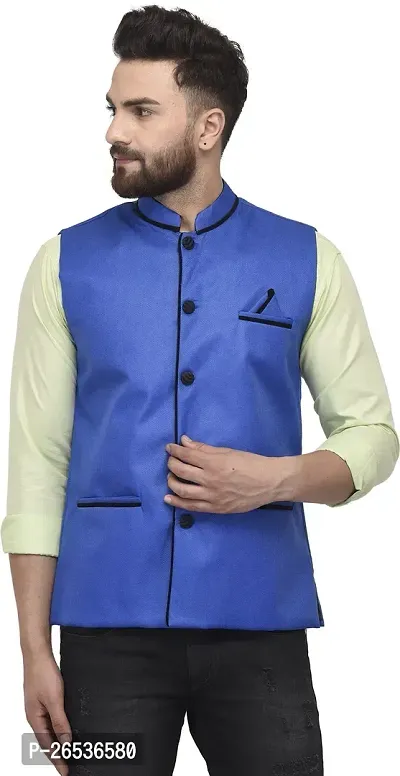 Reliable Blue Jute Blend Self Pattern Nehru Jacket For Men