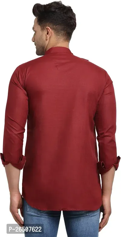 Reliable Maroon Cotton Blend Solid Hip Length Kurta For Men-thumb2