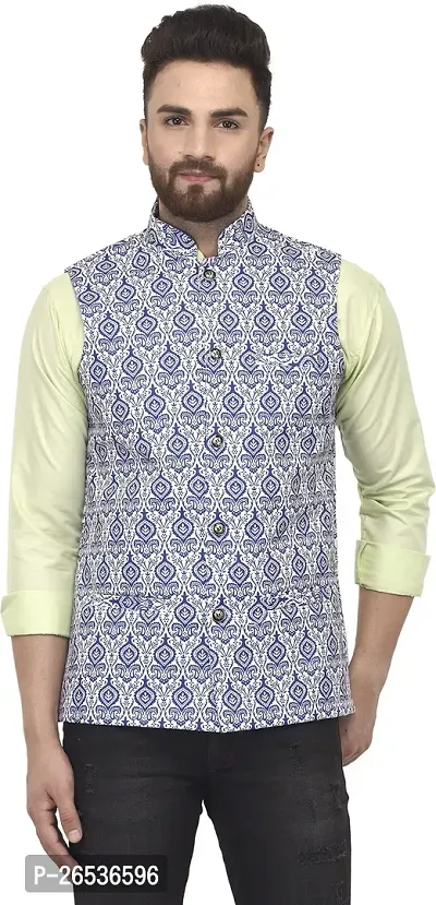 Reliable Blue Cotton Blend Printed Nehru Jacket For Men