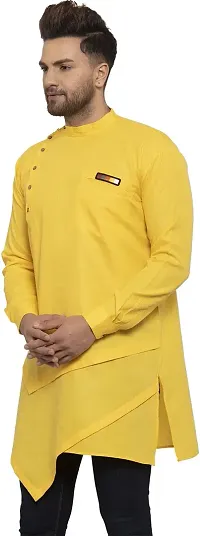 Reliable Yellow Cotton Blend Solid Hip Length Kurta For Men-thumb2