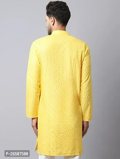 Reliable Yellow Cotton Blend Solid Knee Length Kurta For Men-thumb2