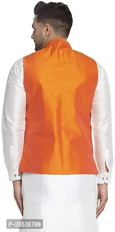 Reliable Orange Silk Solid Nehru Jacket For Men-thumb2