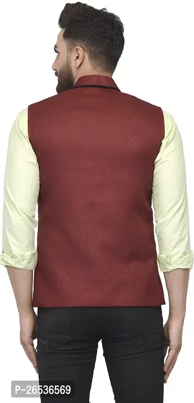 Reliable Maroon Jute Blend Self Pattern Nehru Jacket For Men-thumb2