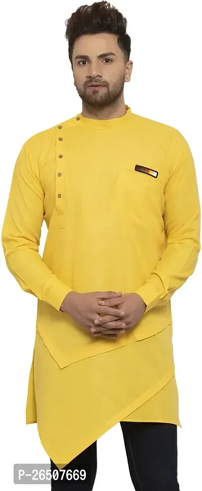 Reliable Yellow Cotton Blend Solid Hip Length Kurta For Men