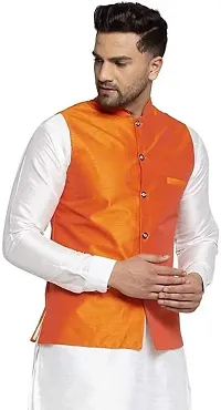 Reliable Orange Silk Solid Nehru Jacket For Men-thumb2