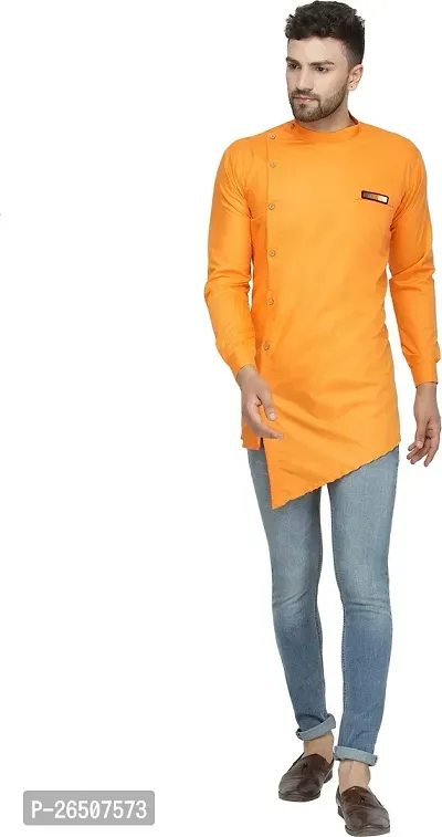 Reliable Orange Cotton Blend Solid Hip Length Kurta For Men