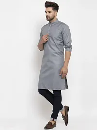 Reliable Grey Cotton Blend Solid Knee Length Kurta For Men-thumb3