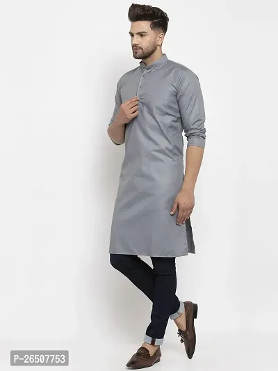 Reliable Grey Cotton Blend Solid Knee Length Kurta For Men-thumb4