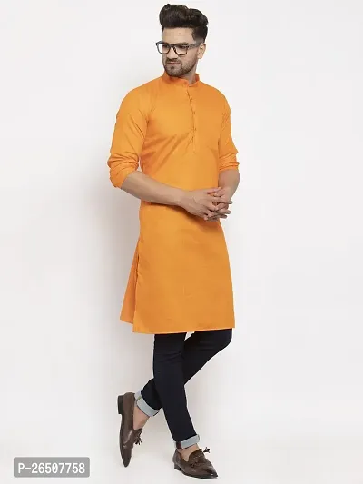 Reliable Orange Cotton Blend Solid Knee Length Kurta For Men-thumb4