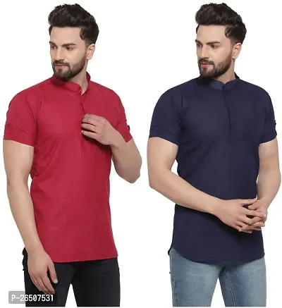 Reliable Cotton Blend Solid Hip Length Kurta For Men Pack Of 2