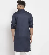 Reliable Navy Blue Cotton Blend Solid Knee Length Kurta For Men-thumb1