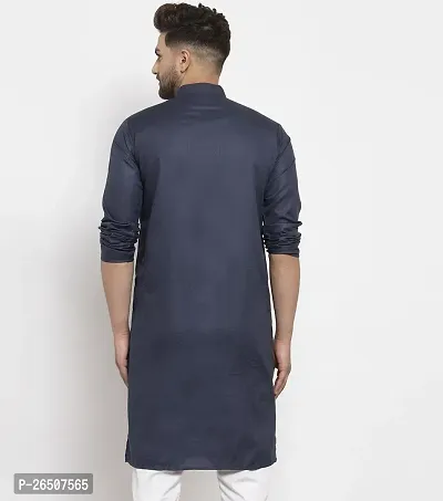 Reliable Navy Blue Cotton Blend Solid Knee Length Kurta For Men-thumb2