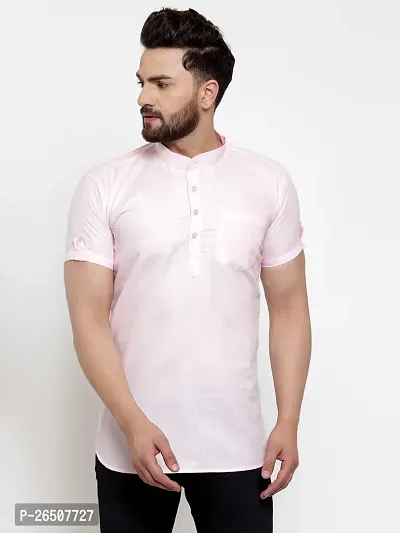 Reliable Pink Cotton Blend Solid Hip Length Kurta For Men