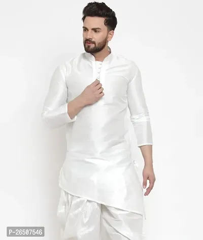 Reliable White Silk Blend Solid Hip Length Kurta For Men