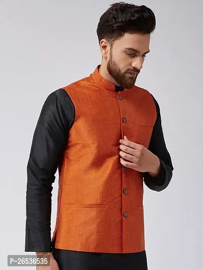 Reliable Orange Silk Self Pattern Nehru Jacket For Men-thumb3