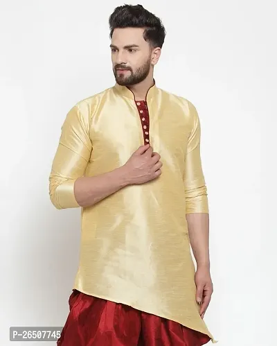 Reliable Golden Silk Blend Solid Hip Length Kurta For Men-thumb3