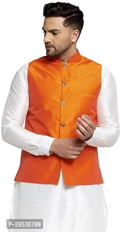 Reliable Orange Silk Solid Nehru Jacket For Men-thumb0