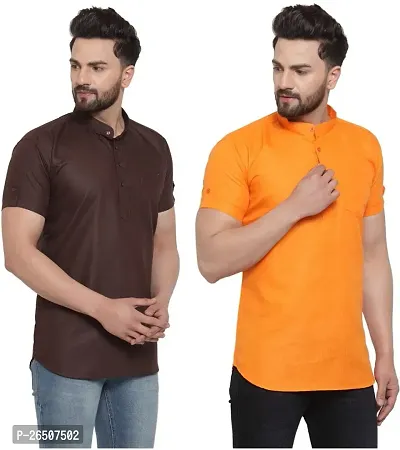 Reliable Cotton Blend Solid Hip Length Kurta For Men Pack Of 2-thumb0