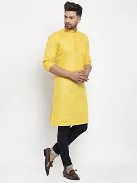 Reliable Yellow Cotton Blend Solid Knee Length Kurta For Men-thumb2