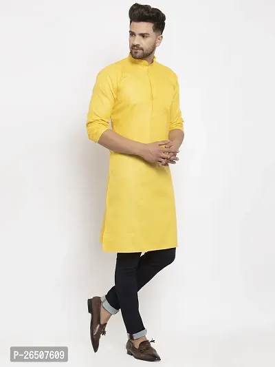 Reliable Yellow Cotton Blend Solid Knee Length Kurta For Men-thumb3