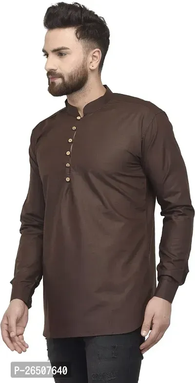 Reliable Brown Cotton Blend Solid Hip Length Kurta For Men-thumb4