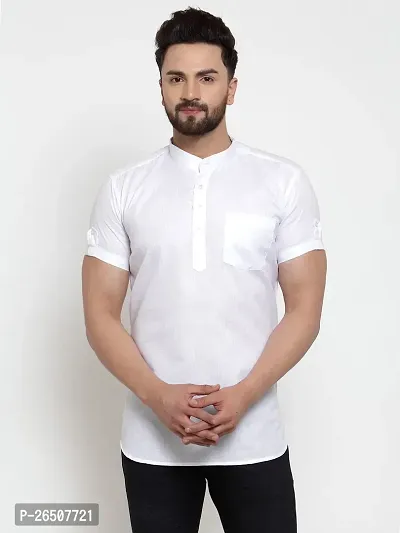 Reliable White Cotton Blend Solid Hip Length Kurta For Men