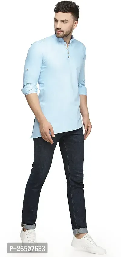 Reliable Blue Cotton Blend Solid Hip Length Kurta For Men-thumb2