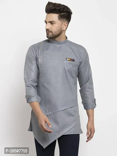 Reliable Silver Cotton Blend Solid Short Length Kurta For Men