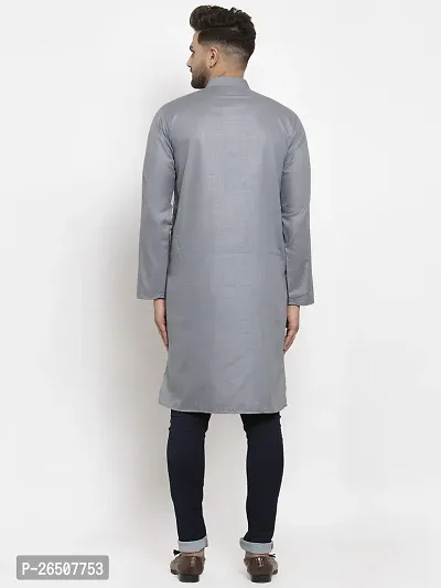 Reliable Grey Cotton Blend Solid Knee Length Kurta For Men-thumb2