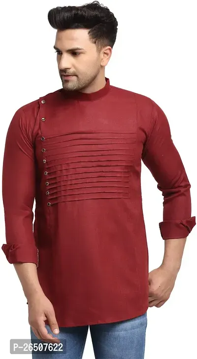 Reliable Maroon Cotton Blend Solid Hip Length Kurta For Men