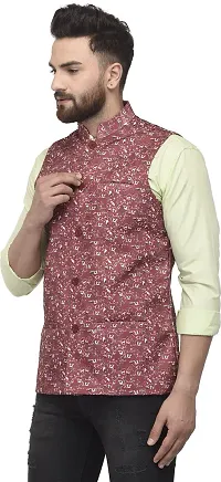 Reliable Maroon Cotton Blend Printed Nehru Jacket For Men-thumb2