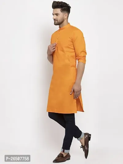 Reliable Orange Cotton Blend Solid Knee Length Kurta For Men-thumb3