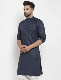 Reliable Navy Blue Cotton Blend Solid Knee Length Kurta For Men-thumb2