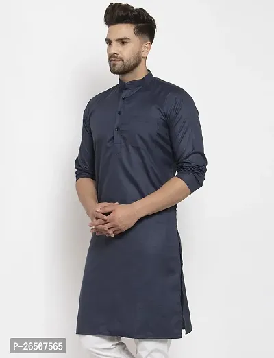 Reliable Navy Blue Cotton Blend Solid Knee Length Kurta For Men-thumb3