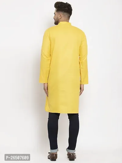 Reliable Yellow Cotton Blend Solid Knee Length Kurta For Men-thumb2