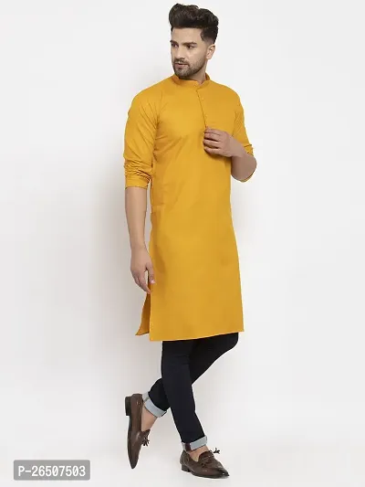 Reliable Yellow Cotton Blend Solid Knee Length Kurta For Men-thumb3