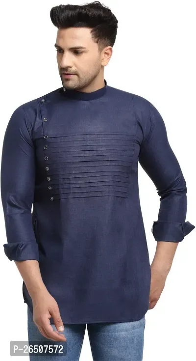 Reliable Navy Blue Cotton Blend Solid Hip Length Kurta For Men