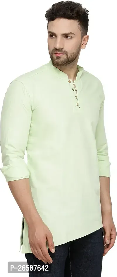 Reliable Green Cotton Blend Solid Hip Length Kurta For Men-thumb4