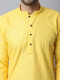 Reliable Yellow Cotton Blend Solid Knee Length Kurta For Men-thumb3