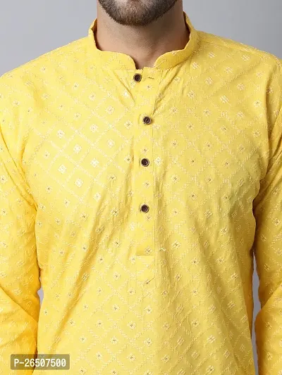 Reliable Yellow Cotton Blend Solid Knee Length Kurta For Men-thumb4