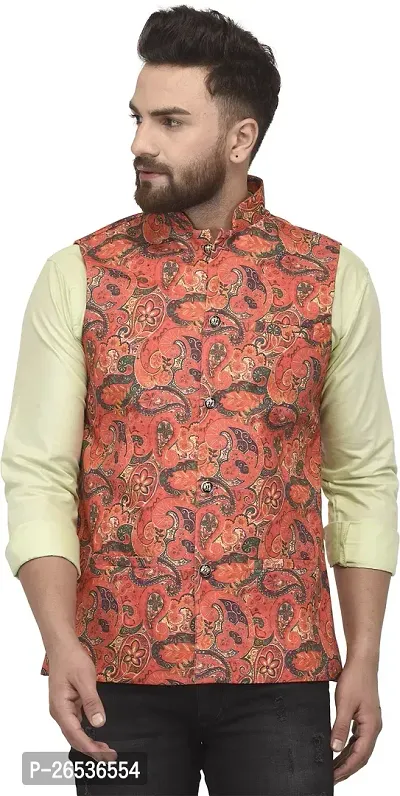 Reliable Orange Cotton Blend Printed Nehru Jacket For Men-thumb0