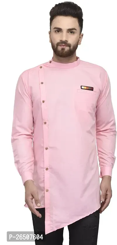Reliable Pink Cotton Blend Solid Hip Length Kurta For Men-thumb0