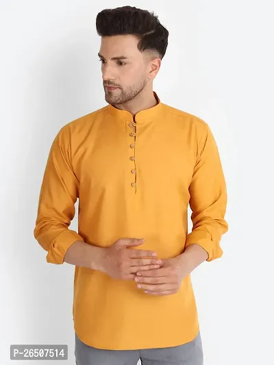 Reliable Yellow Cotton Blend Solid Hip Length Kurta For Men