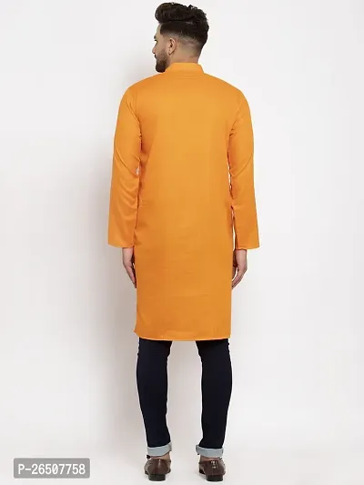 Reliable Orange Cotton Blend Solid Knee Length Kurta For Men-thumb2