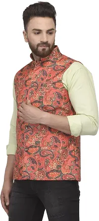 Reliable Orange Cotton Blend Printed Nehru Jacket For Men-thumb2
