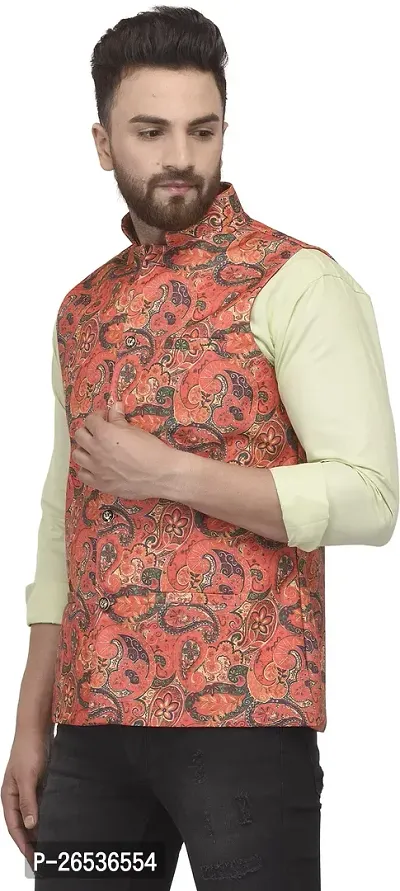 Reliable Orange Cotton Blend Printed Nehru Jacket For Men-thumb3